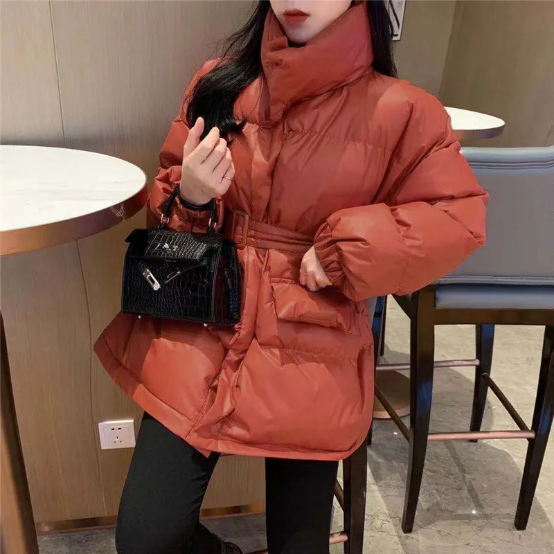 Парка женская зимняя с регулируемой талией черная оранжевая теплая свободная