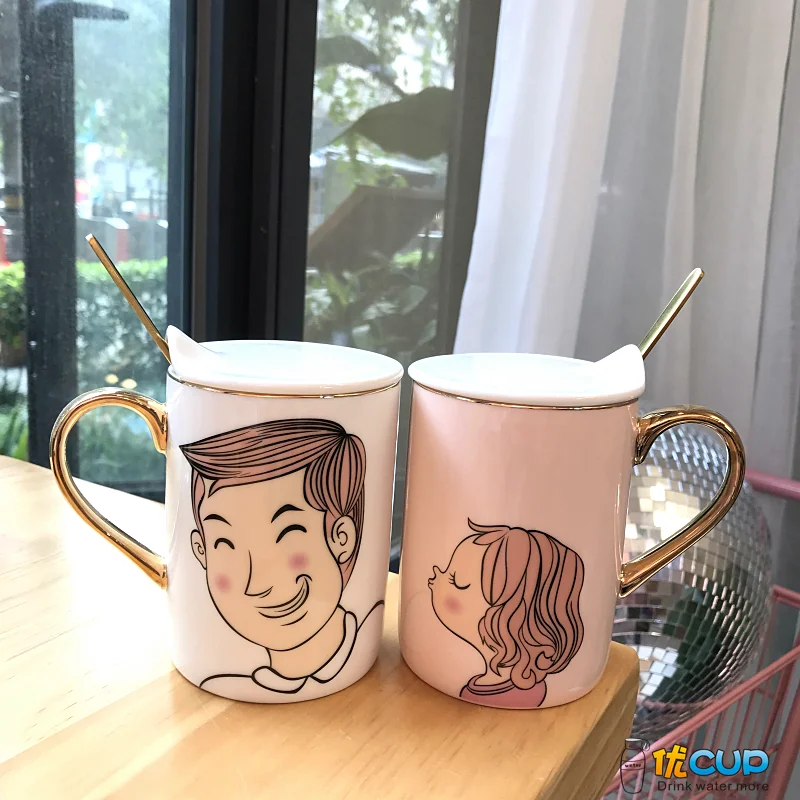 

Creative Cartoon Couple Mug Cup Cute Ceramic Lid Milk Tea Mug Girl Coffee Water Spoon Tazas De Ceramica Creativas Tea Set AD50MC