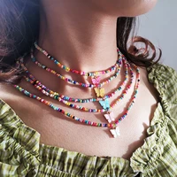 personality colorful beads chain choker necklace for women acrylic butterfly pendant necklace simple ethnic style jewelry gift