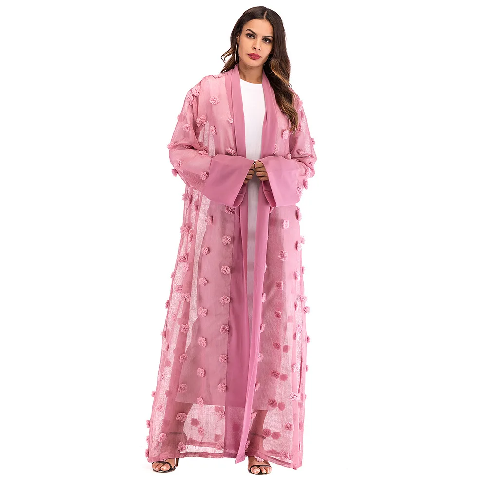 

Muslim Dress Fashion Middle East Eid Abaya Turkey Robe Muslim Mesh Loose Lace Long Sleeve Cardigan Robe Free Headscarf Donsignet