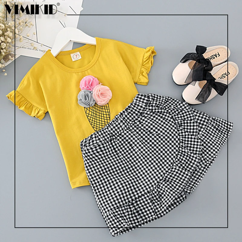 Комплект одежды для девочек модная желтая рубашка с мороженым и клетчатые штаны
