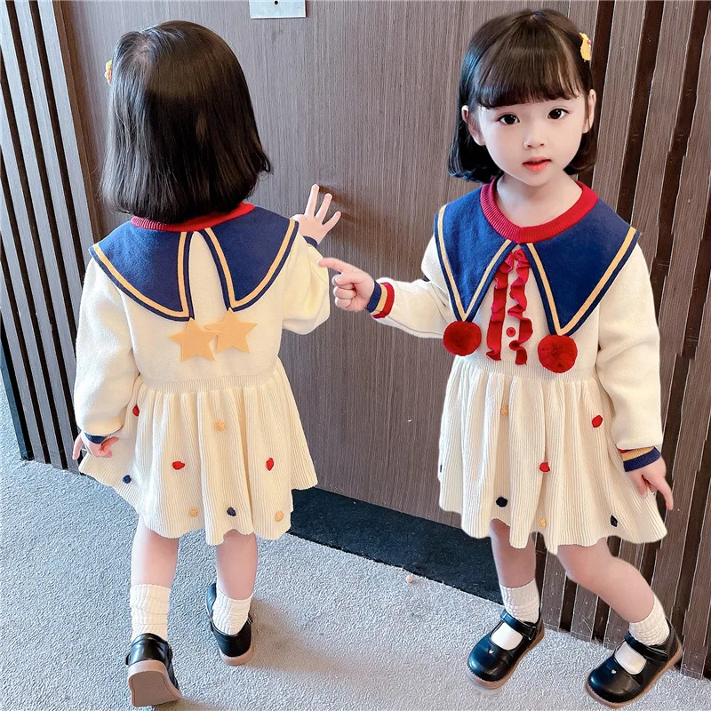 

2021 Autumn Winter New Girls Dress Star Collar Naval Wind Style Long Sweater Dresses for Toddler Girls Kids Size 80-140