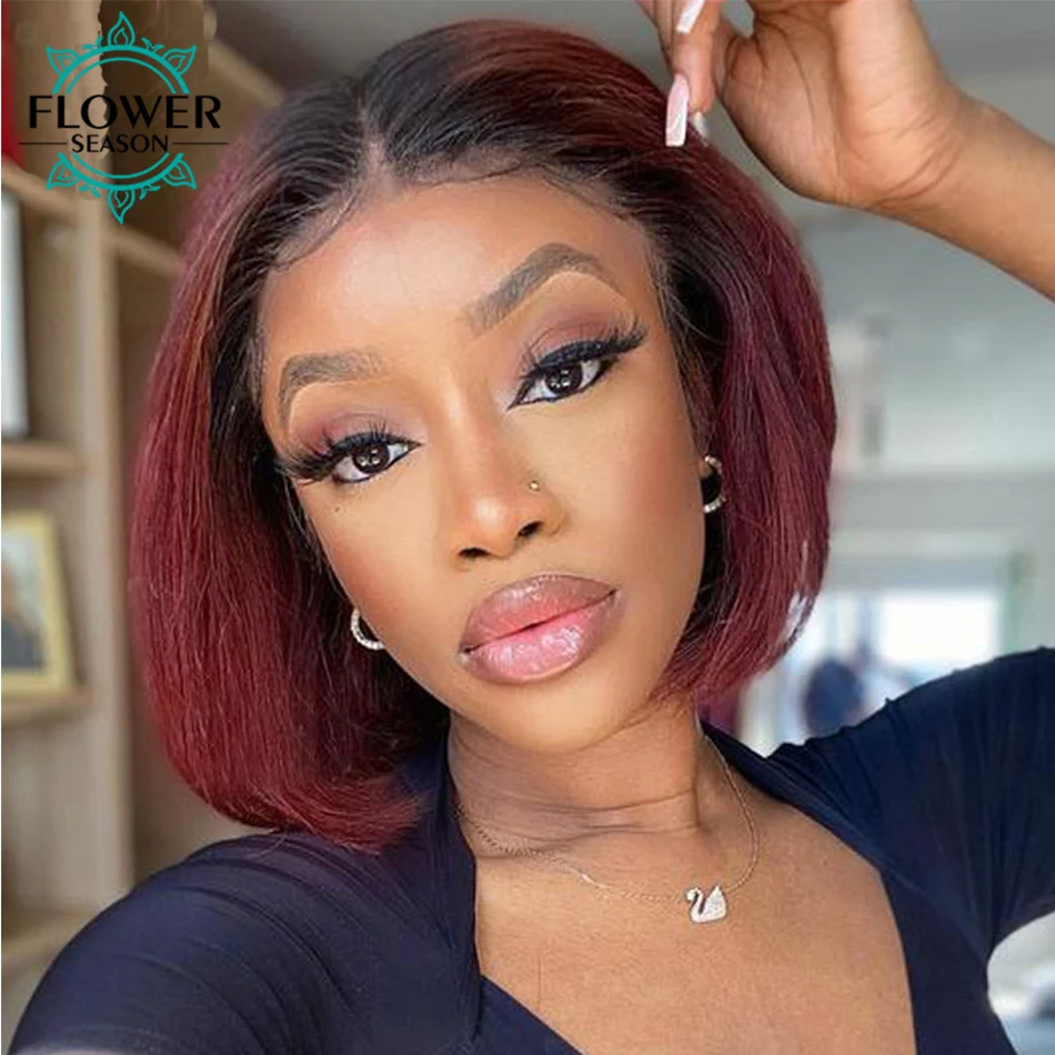 Burgundy Human Hair Wig Brazilian Short Bob Ombre Wine Red wig Transparent 13x6 HD Lace Front Wig PrePlucked 150% FlowerSeason