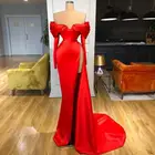 Сексуальное красное платье Русалочки для выпускного вечера с длинными рукавами и разрезом по бокам, арабское вечернее платье с открытыми плечами, вечерние платья по низкой цене