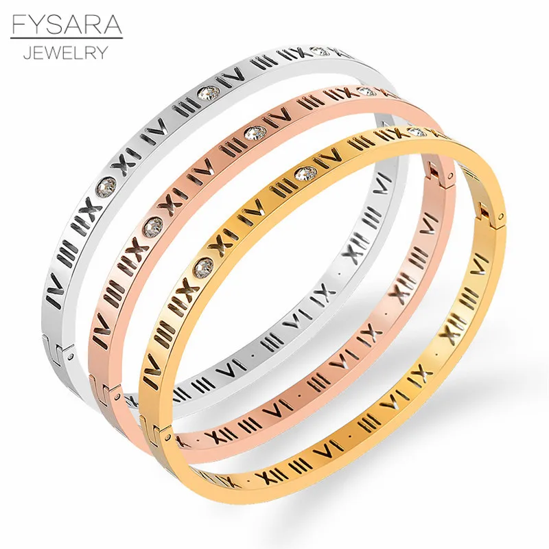 

FYSARA Classic Couple Bracelets Stainless Steel Rose Gold Color Roman Numeral Lover Cuff Bracelet & Bangle Wedding Jewelry