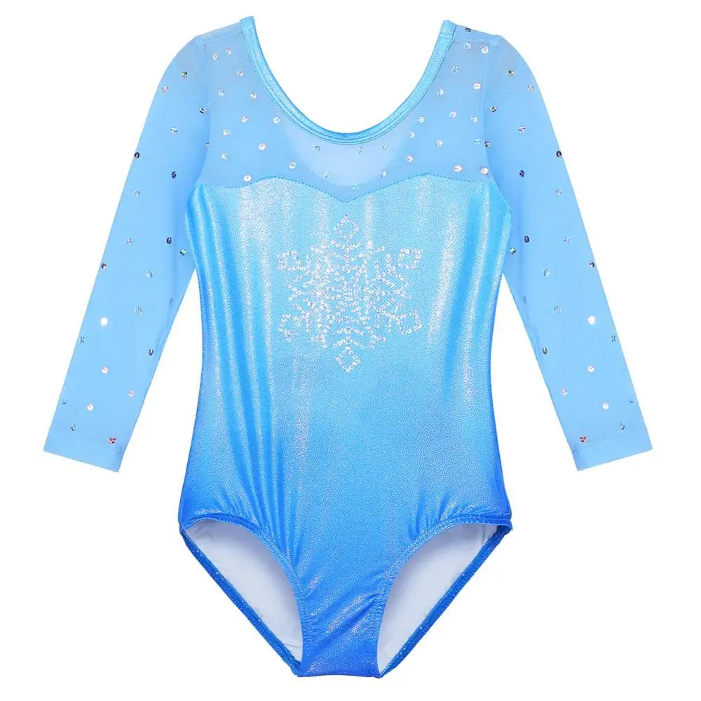 BAOHULU Girls Three-Quarter Sleeve Gymnastics Leotard Rhinestone Snowflake Pattern Ballet Sparkle Sequin Mesh Dance Wear | Тематическая