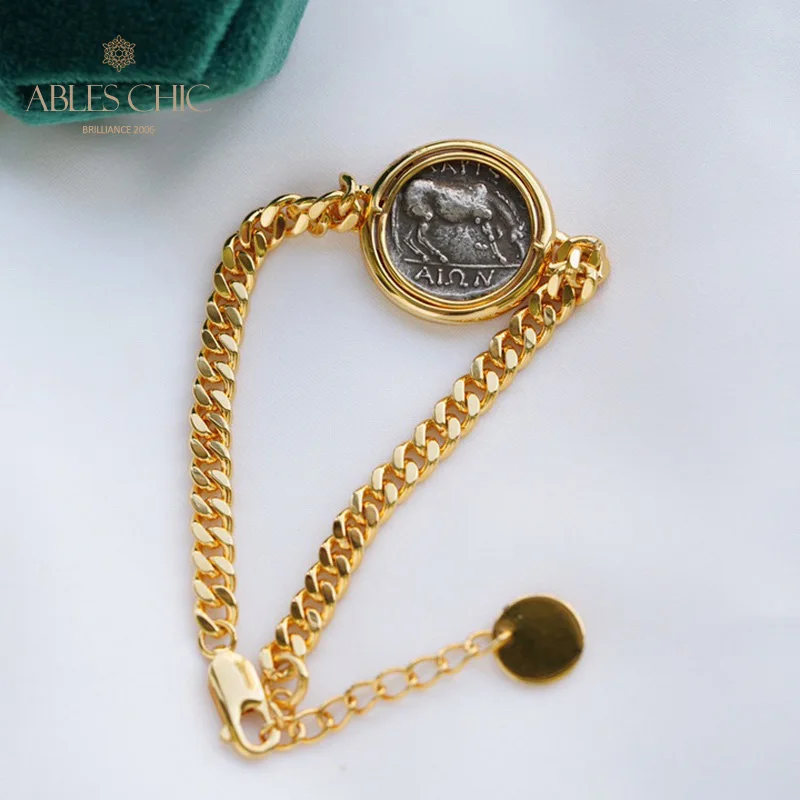 Byzantine Ancient Roman Replica Coin Bracelet 18K Gold Tone Solid 925 Silver Curb Chain Bracelet C11B2S25717