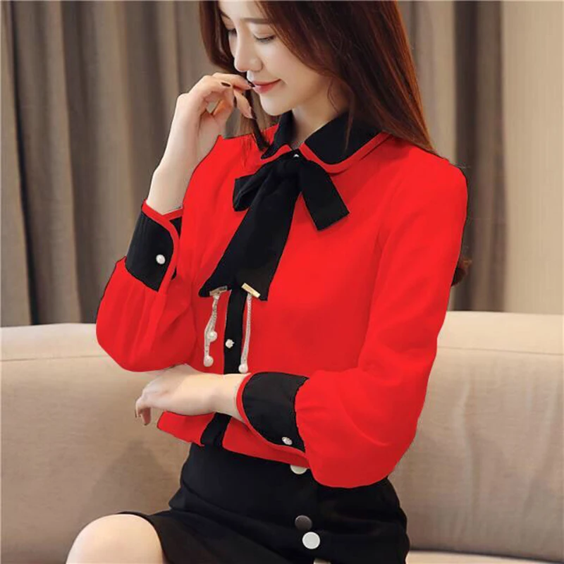 

2021 Women Spring Autumn Style Chiffon Blouses Shirts Lady Casual Long Sleeve Turn-down Collar Bow Tie Chiffon Blusas Tops