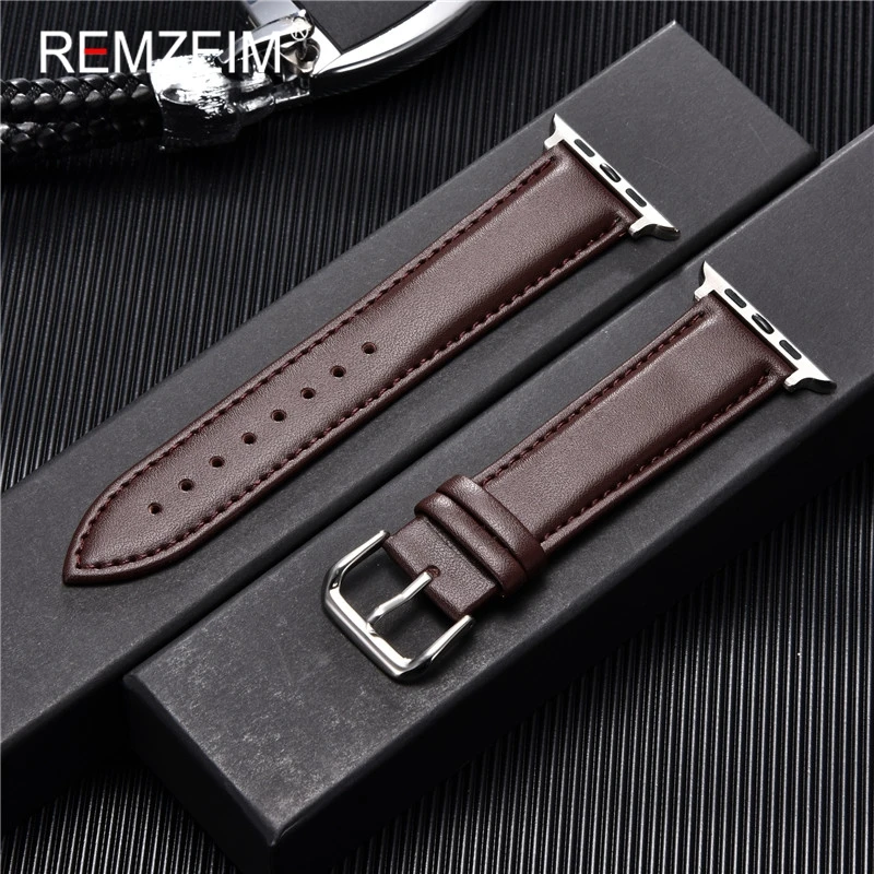 REMZEIM Cowhide Leather Strap for Apple Watch Band 44mm 40mm iwatch 7 6 5 4 3 2 1 Wristband 42mm 38mm bracelet Watch Accessories