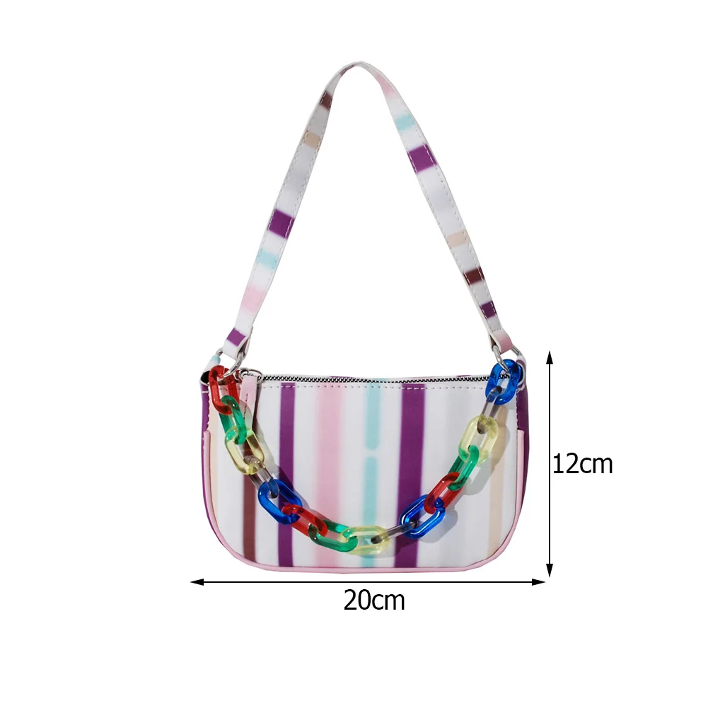 

Fashion Women Color Stripes Printing Shoulder Bags PU Leather Underarm Bag Casual All-match Lady Thick Chain Small Flap Handbags