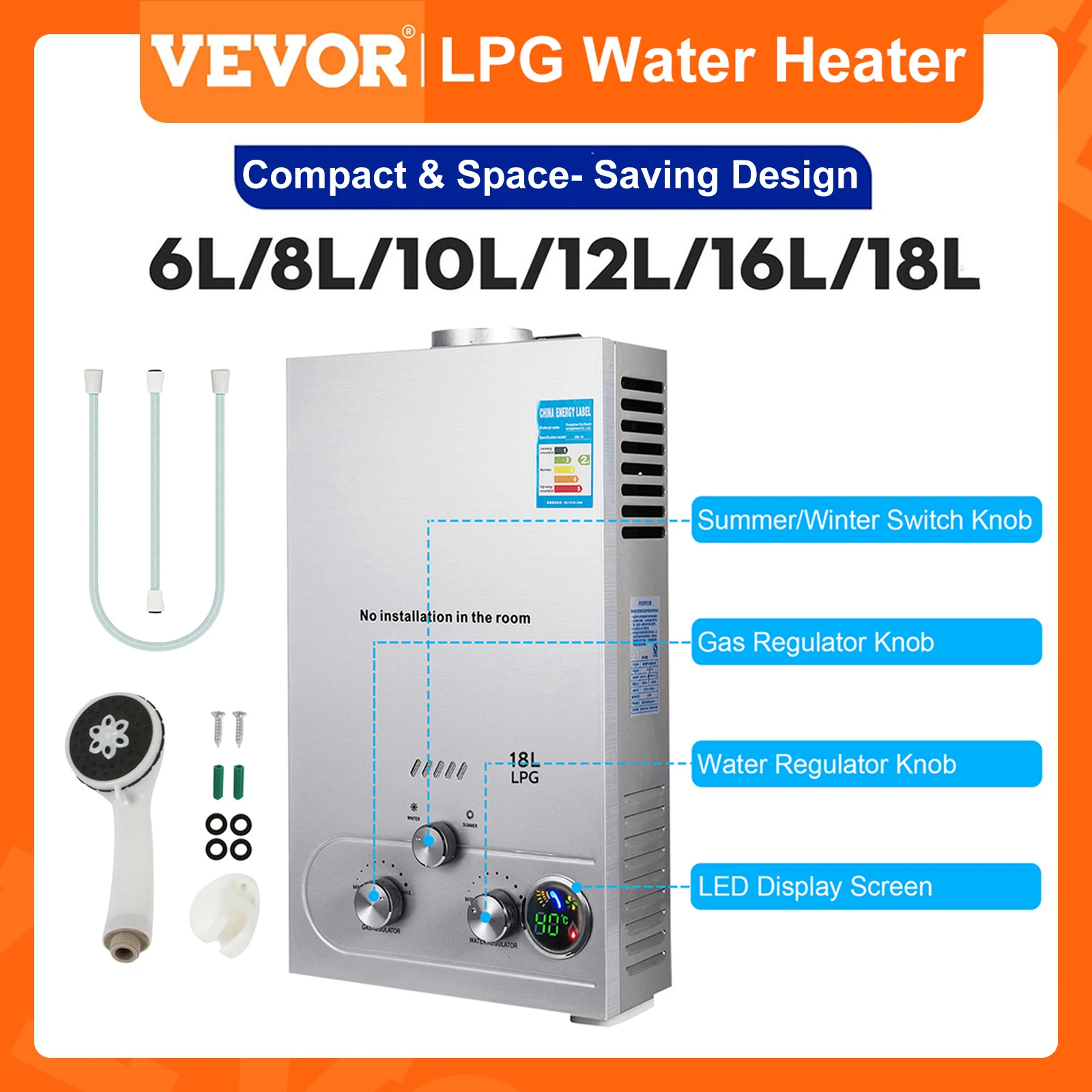 

VEVOR EU Stock LPG Propane Gas Water Heater 8L/16L/18L Tankless Instant Boiler