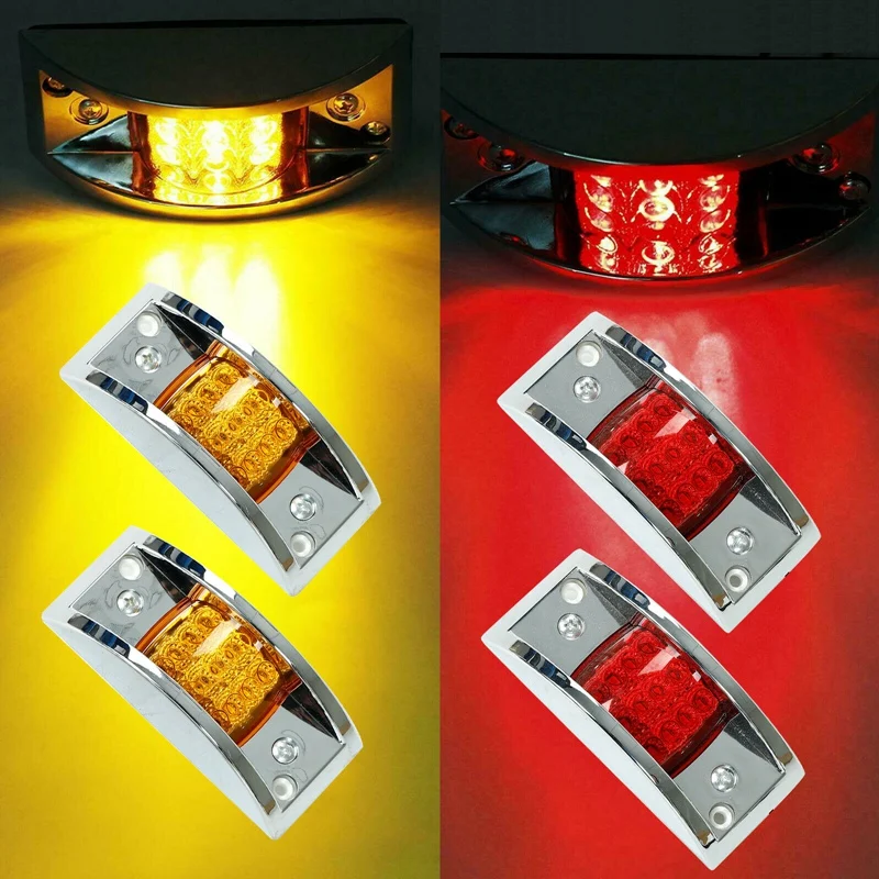 

4Pcs Truck Trailer Amber+Red 12 LED Curve Led Marker/Clearance Lights Sealed Chrome