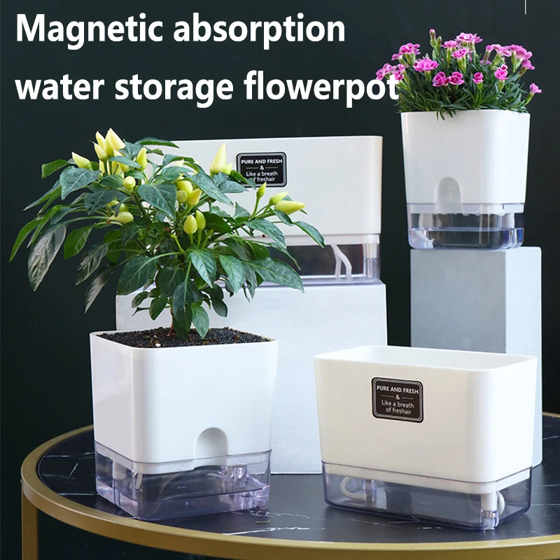 Maceta de autorriego de 4 estilos, maceta de flores de plantación de riego automático de plástico, diseño de adsorbción magnética para todas las plantas de la casa