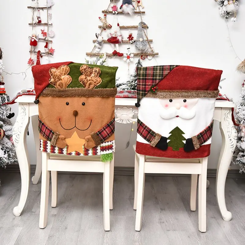 

Santa Snowman Elk Chair Covers Christmas Decor Dinner Chair Xmas Cap Sets Dinner Table Hat Chair Back Covers