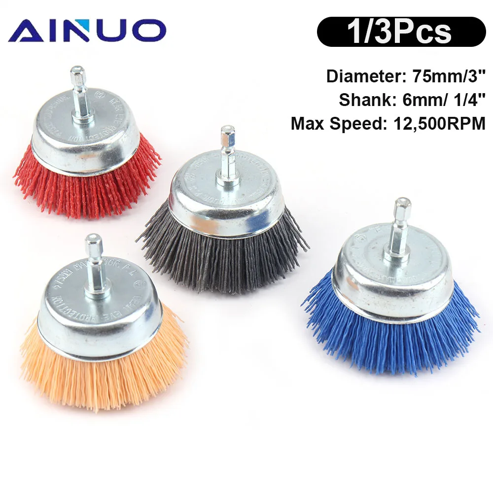 1/3/4Pcs Nylon Cup Brush Abrasive Wire Wheel Brush Metal Polishing Deburring Tool for Drilling 1/4'' Shank 3 inch wire cup brush with 1 4 hex shank crimped tempered steel bristles