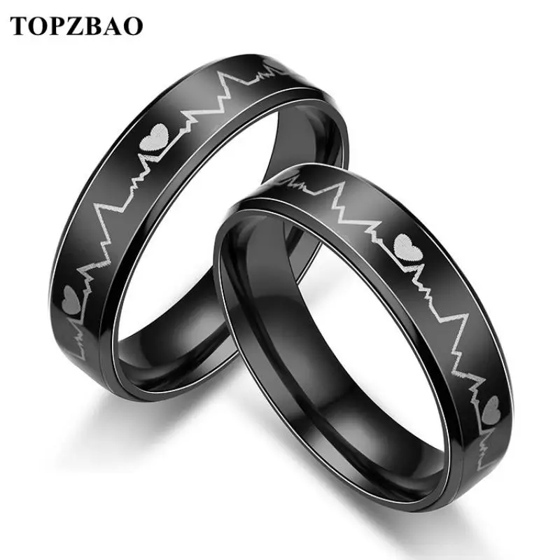 

TOPZBAO 2021 Black Stainless Steel Electrocardiogram Heartbeat Rings For Men Rock Ring Jewelry For Anniversary Day Gift