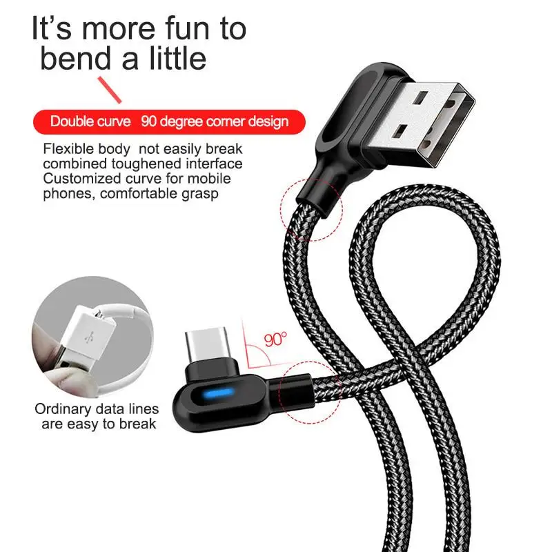 

USB Type C Cable Fast Charger Cord 2.4A Nylon LED Mobile Phone Cables 90 Degree For IPhone Huawei Xiaomi Poco x3 pro Data Cable