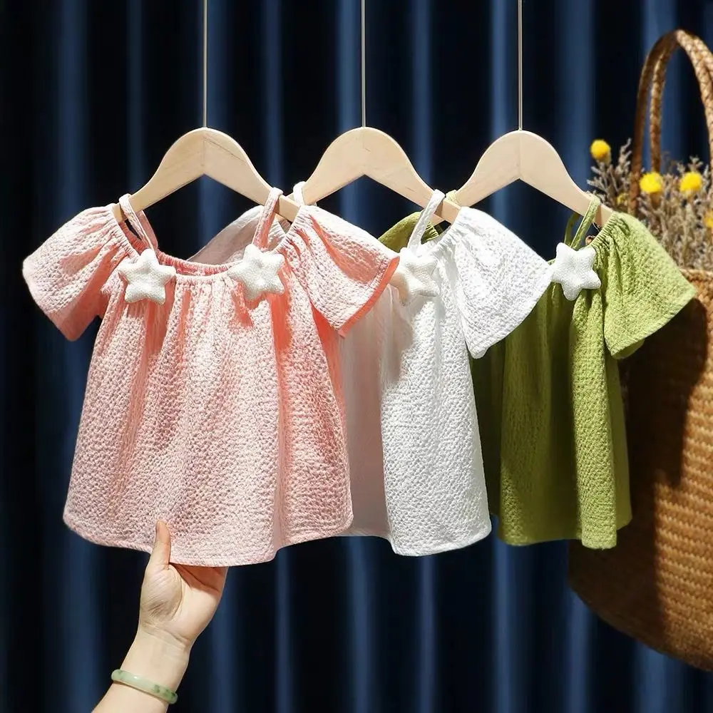 

2021 New Girl's Strapless Sling Girl Baby Chiffon Short-sleeved T-shirt Sweet Cute Style Shirt Top Shirts For Girls