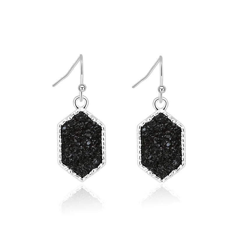 S Black Drusy шестигранные Висячие серьги, Имитация кристаллов, камни Друза, позолоченные сережки с серебряным покрытием, брендовые ювелирные изделия для женщин - Окраска металла: S Black