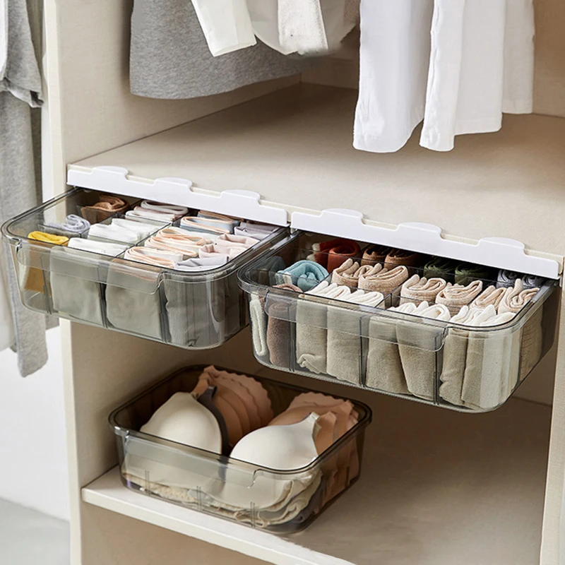 Cajón de almacenamiento de ropa interior autoadhesivo, caja divisora a prueba de polvo para sujetadores, corbatas y calcetines, organizador oculto