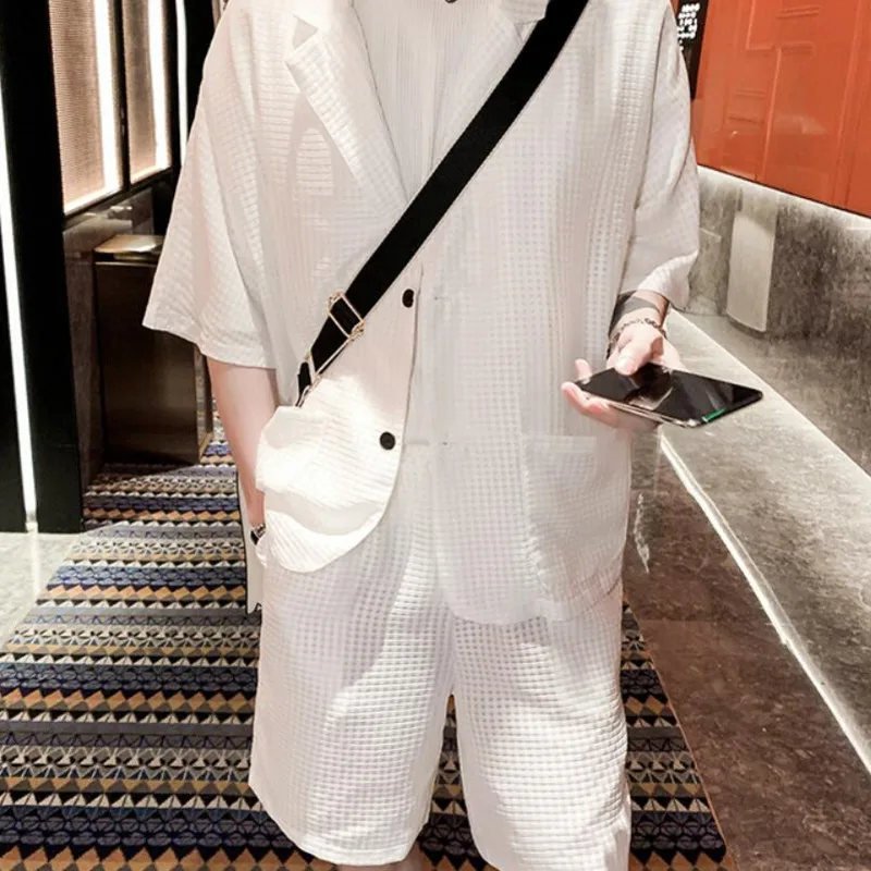 

Summer Thin Suit Men's Fashion Black White Casual Short-sleeved Suit Men Streetwear Korean Loose Business Society Mens Suit
