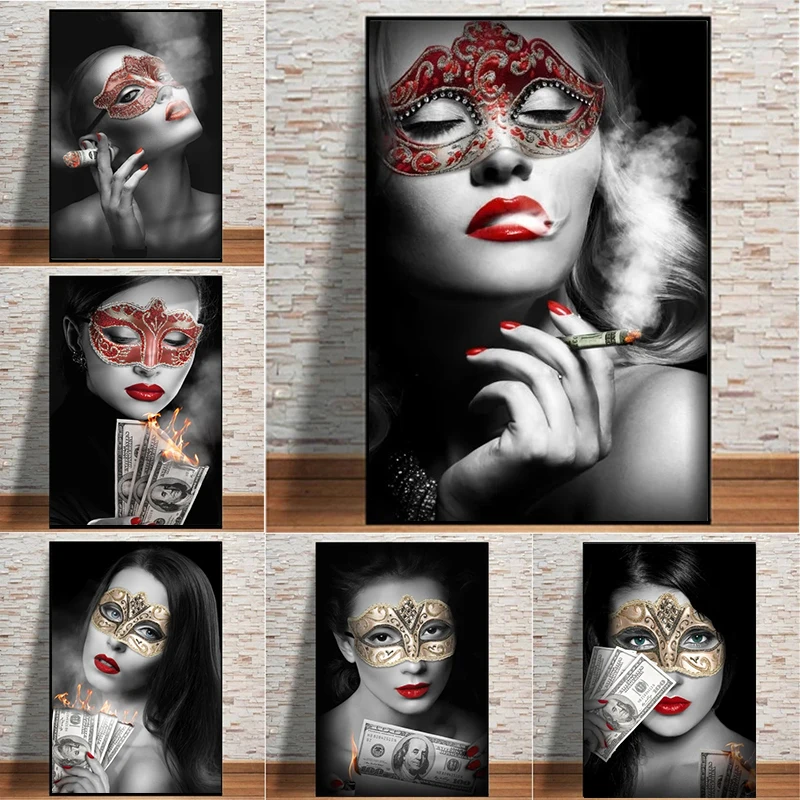 

Masquerade Party Smoking Girl Canvas Painting Wall Art Sexy Red Lip Luxury Woman And Money Posters And Prints Home Decor Cuadros
