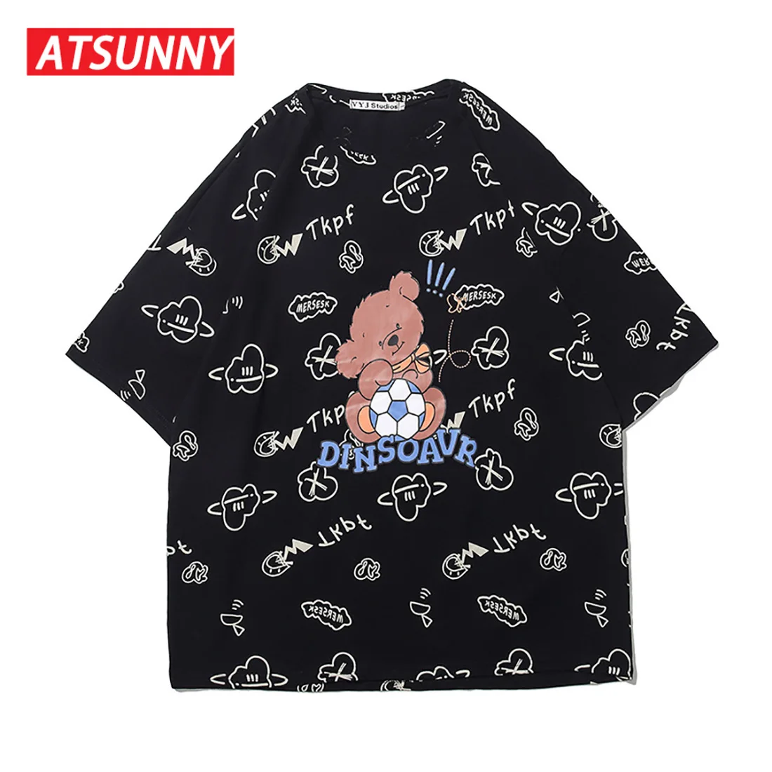 

ATSUNNY Bear Print Short Sleeve T-Shirt HipHop Streetwear Casual T-Shirt Man Summer Fashion Hawaiian T-Shirts Tops