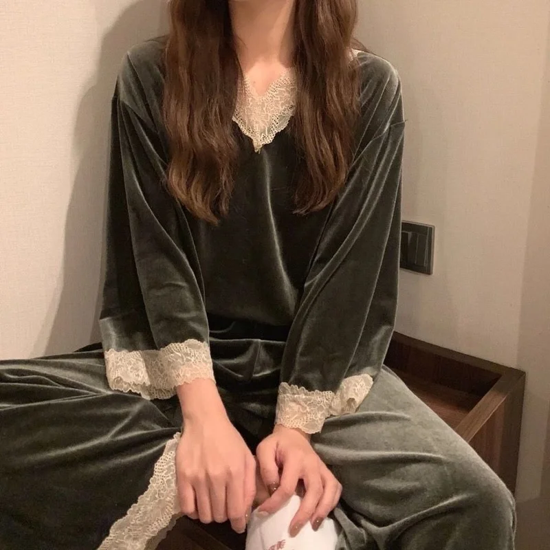 QWEEK Autumn Winter New Long Sleeve Pajamas Pj Sets for Women Purple Blue Solid Color Lace Pijamas Silky and Warm Home Clothes