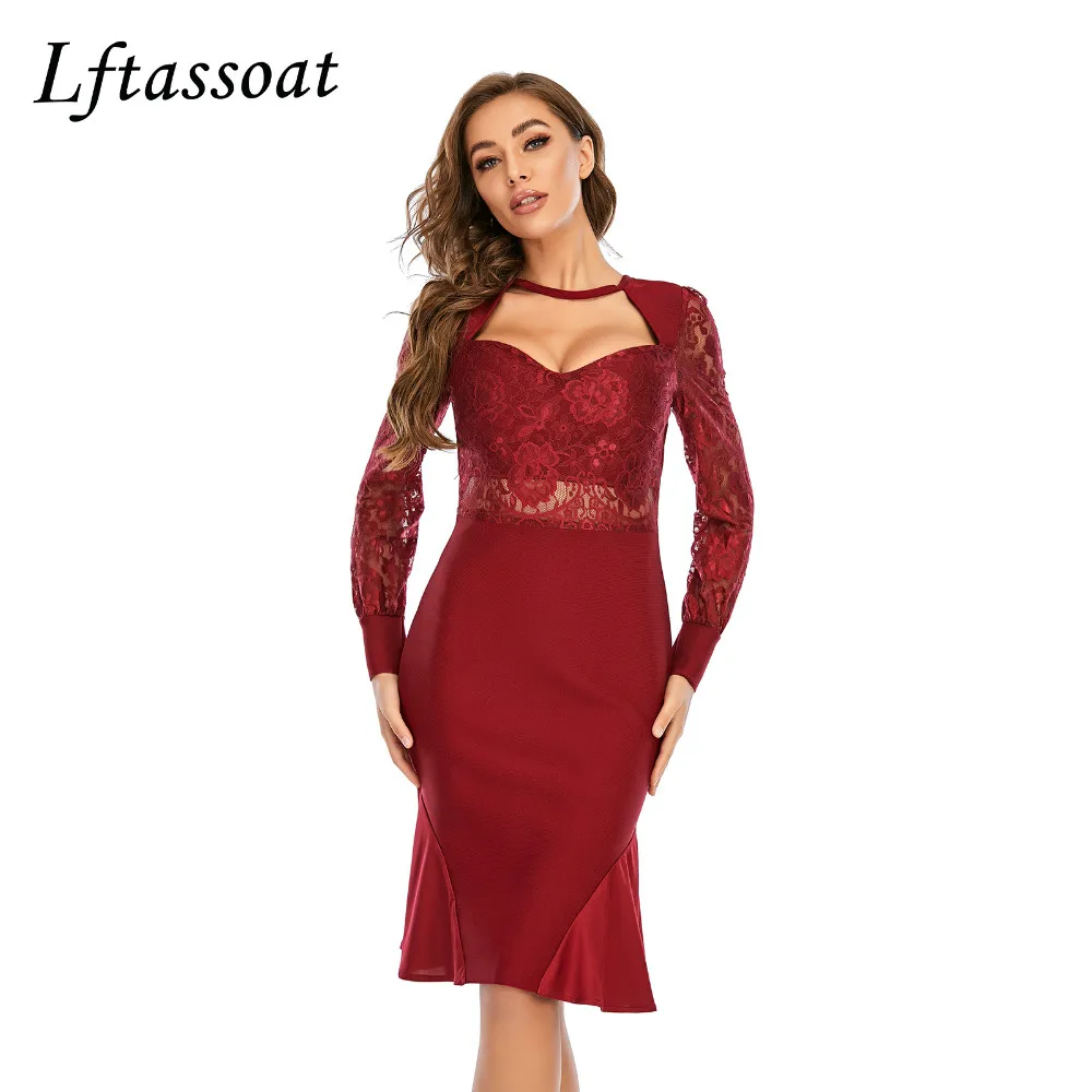 

2021 New Summer Women Red Wine Lace Mini Hollow Out Bandage Dress Sexy Long Sleeve Club Celebrity Runway Party Dresses Vestidos
