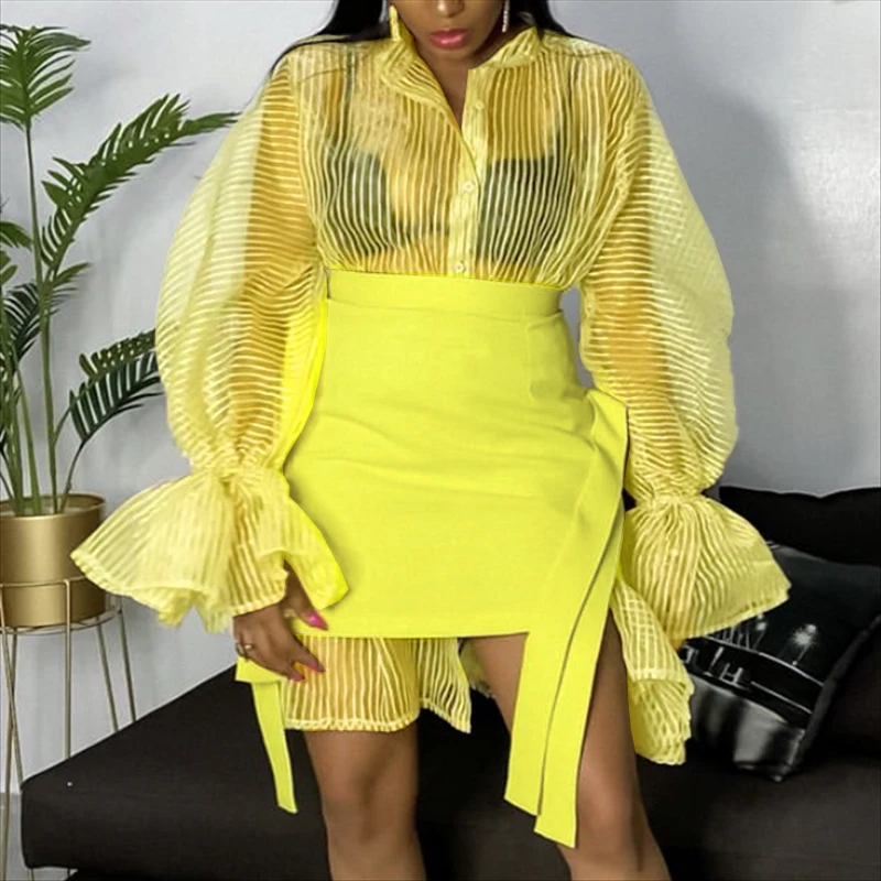 

Women 2 Piece Sets Transparent Long Shirt Dress Mini Skirts Lantern Sleeve Button Up Suit African Fashion Female Two Pieces Sets