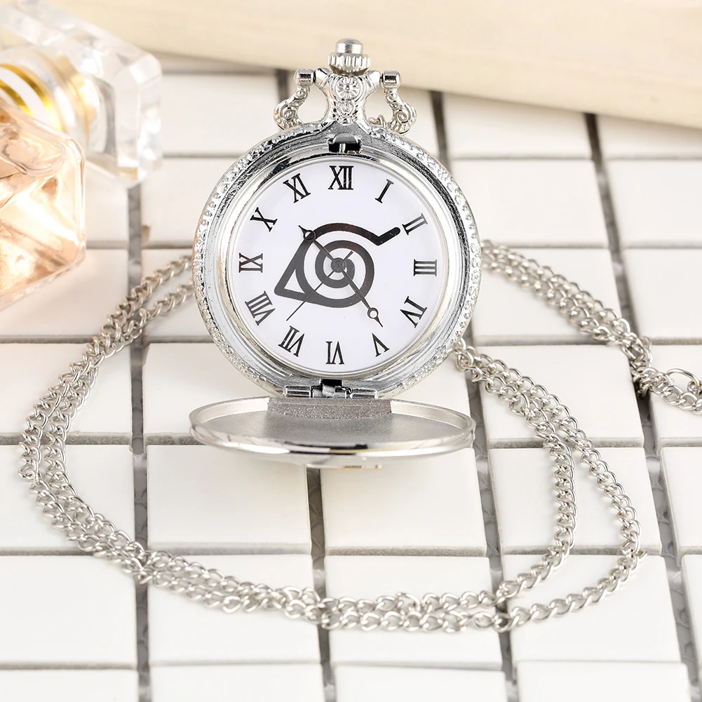 Silver Anime Pocket Clock Man's Retro Bronze Quartz Pocket Watch White Roman Numeral Dial Boys Fashion Leather Pendant Gift Box