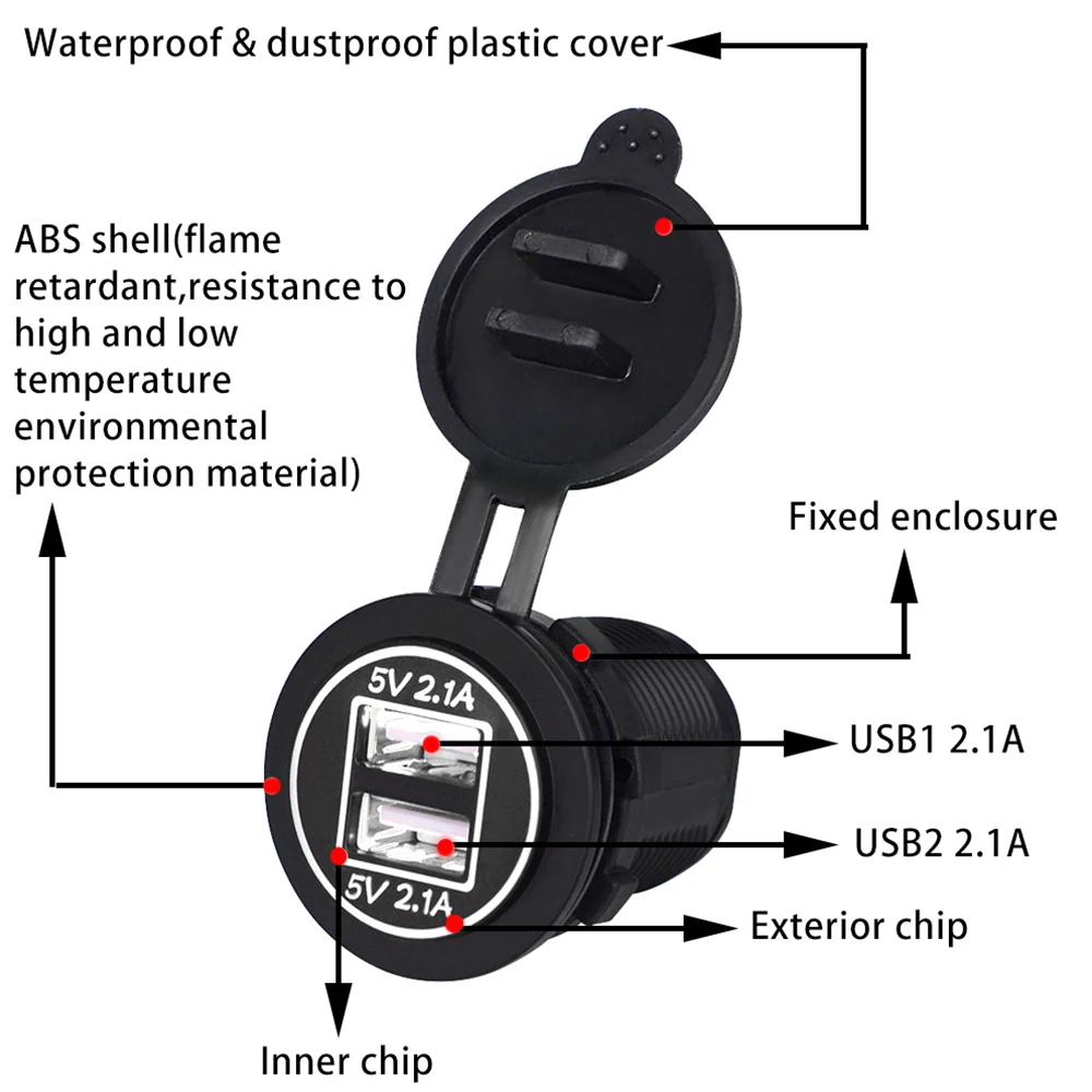 DC12-24V двойной USB зарядное устройство 5 В 2.1A водонепроницаемый мобильный телефон зарядное устройство для машины, лодки, мотоцикла аксессуары