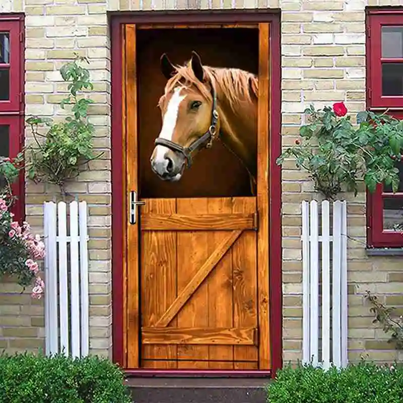 3D Door Mural Horse Stable Door Sticker Wooden Fence Wallpaper Wall Print Decal Wall Stickers Mural Photo Self Adhesive Wrap PVC