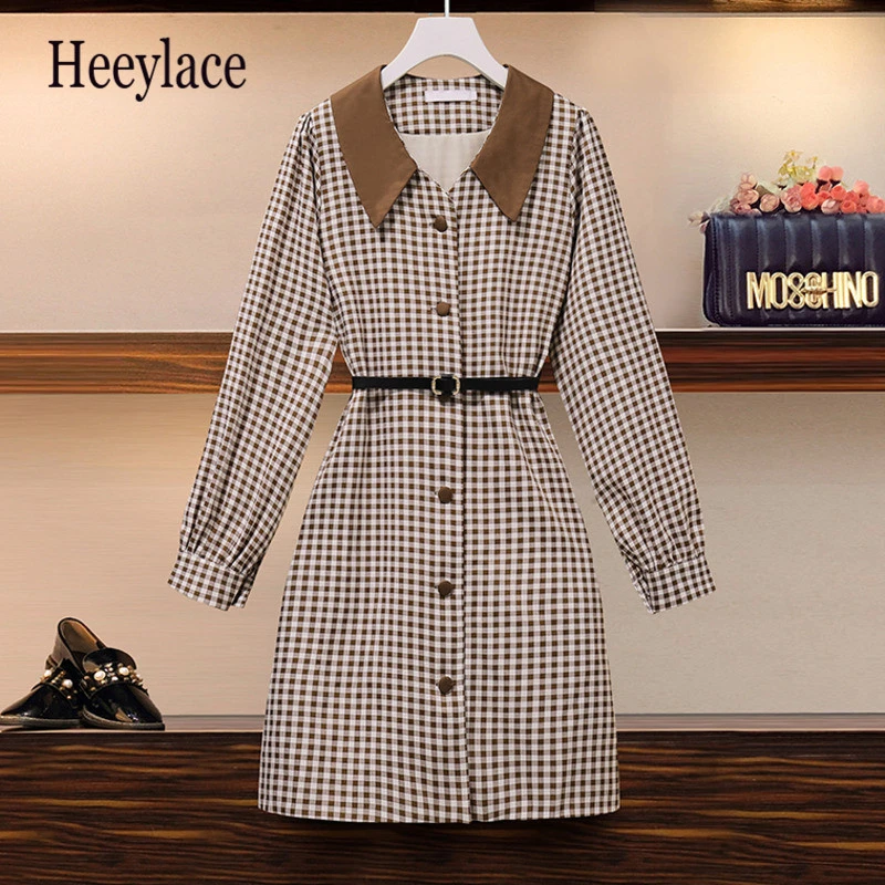 Женское винтажное клетчатое мини платье в английском стиле размера плюс Осеннее