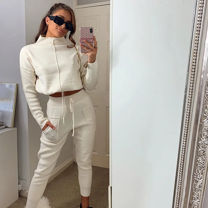

Black 2 Piece Sets Womens Outfits New Fashion All Match Cropped Sports Casual Simple Style Sweater Suit Apricot Women Clothing