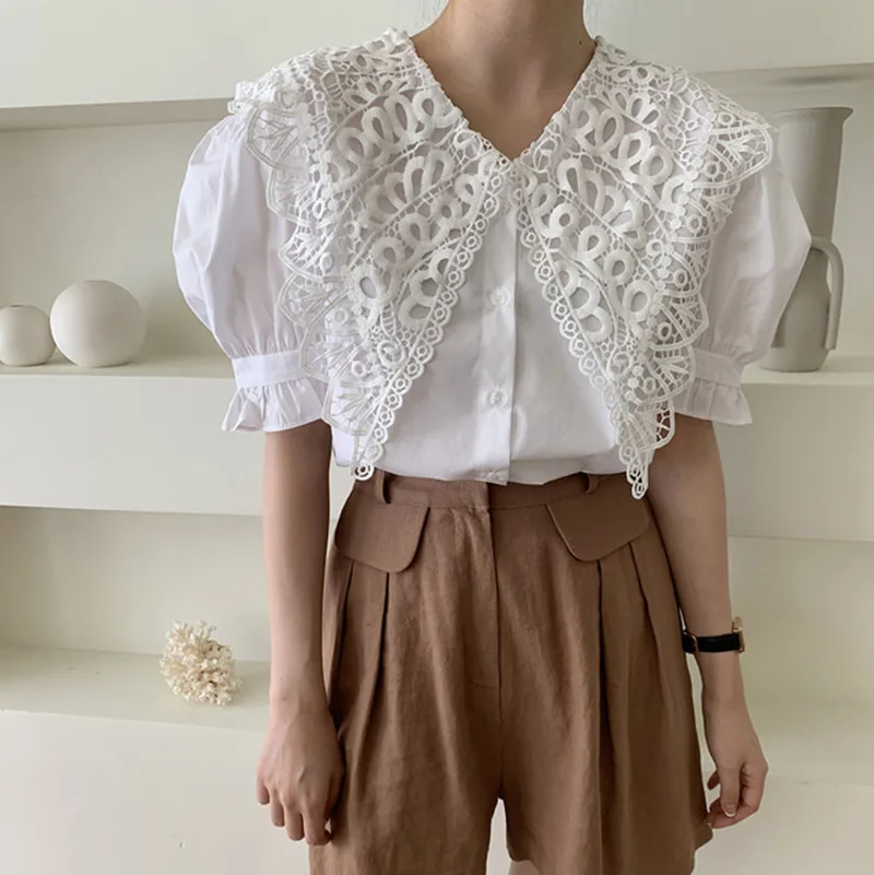 

Elegant Vintage Lace Lapel White Blouses Women 2021 New Summer Korean Style Puff Sleeve Tops Shirt Femme Blusas