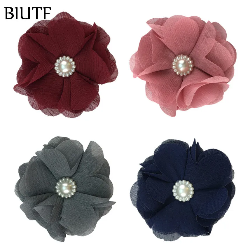10 шт./лот 2 4 дюймовый тканевый Шифоновый Цветок с круглым жемчужным бисером вы
