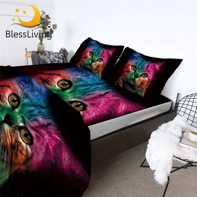 BlessLiving Colorful Cat Fitted Sheet Cute Cat Bed Sheet Set Animal Flat Sheet 3D Printed Black Mattress Cover Queen 4-Piece 1