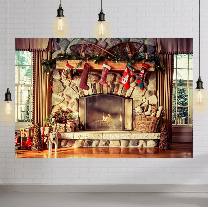 

Christmas Brick Fireplace Backdrop for Photography Living Room Happy New Year X-mas Holiday Photo Background Studio Photocall