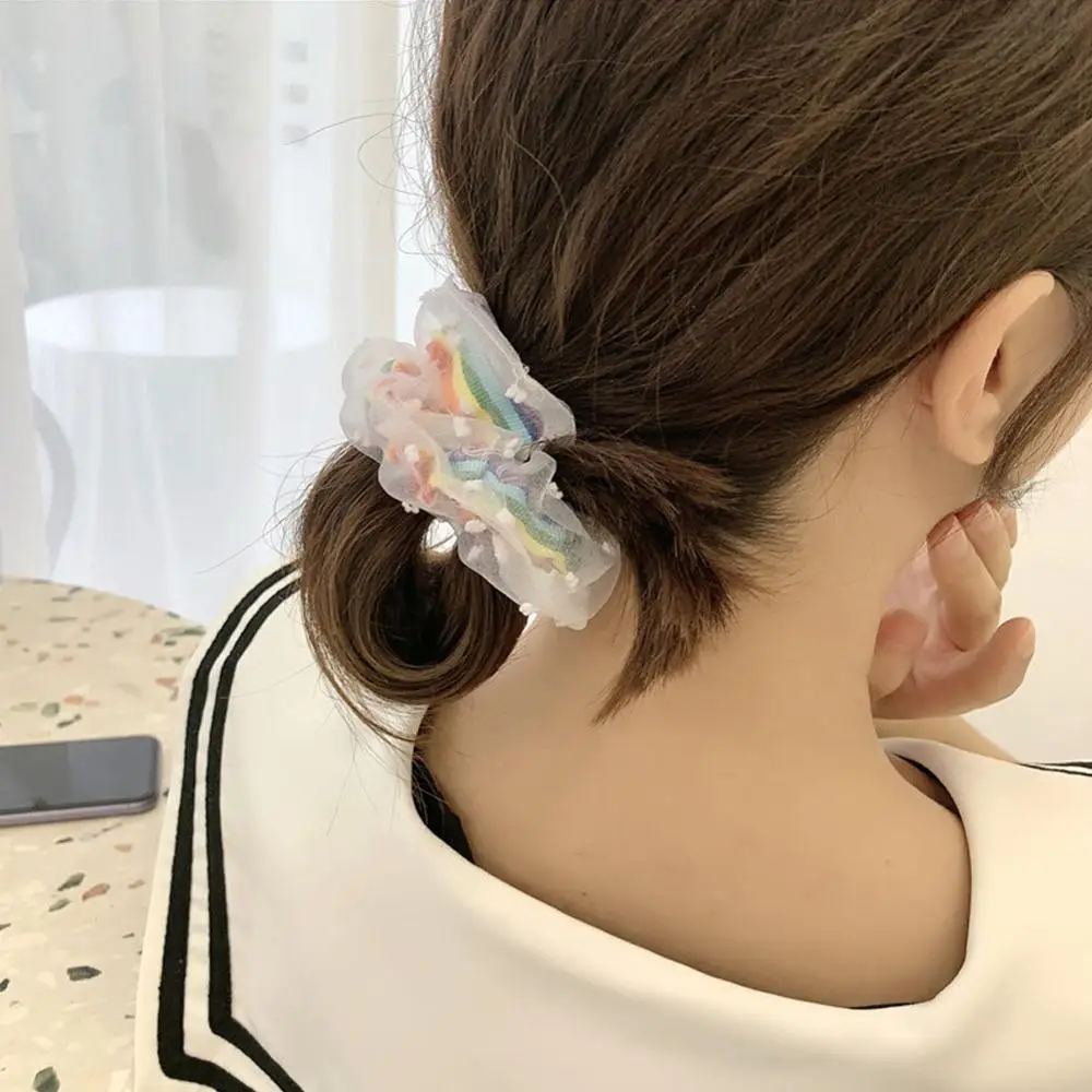 Mesh Polka Dot Large Intestine Loop Hair Headband Vintage Embroidered Flower Rope Highly Gauze Elastic Accessories |