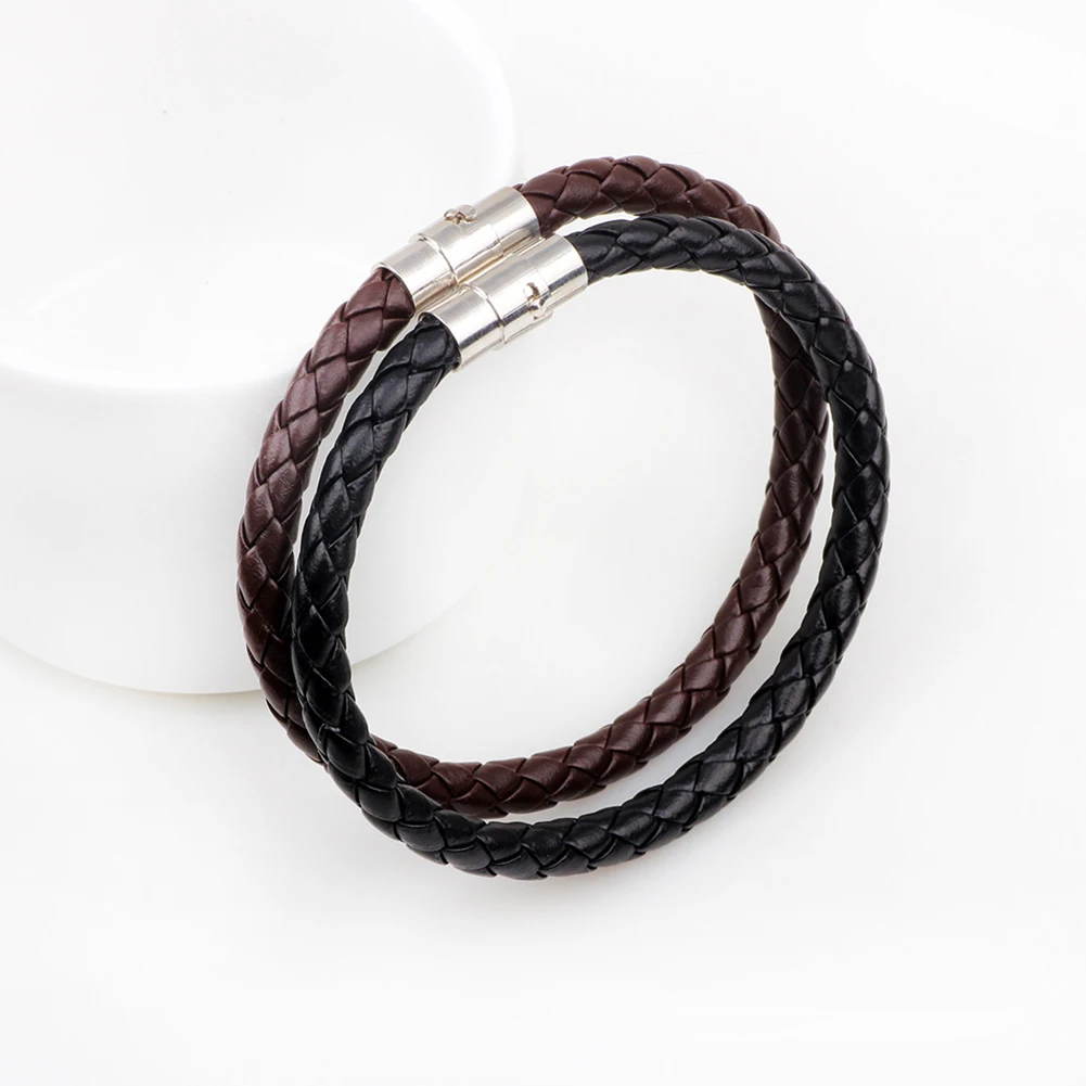 Мужской браслет искусственный кожаный плетеный веревочный с магнитной пряжкой