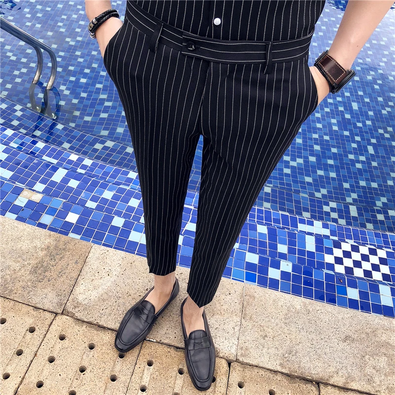 

Spring Summer 2020 Men's Dress Pants Casual Slim Striped Suit Pants Formal Business Trousers Ankle Length Men Clothes 29-35