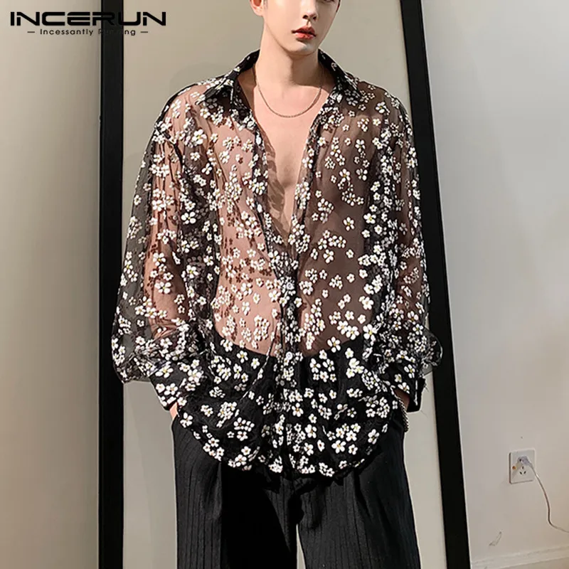 Fashion Men Mesh Shirt Transparent Long Sleeve Printed Lapel Loose Streetwear Blouse Party Clubwear Casual Casmia S-5XL INCERUN