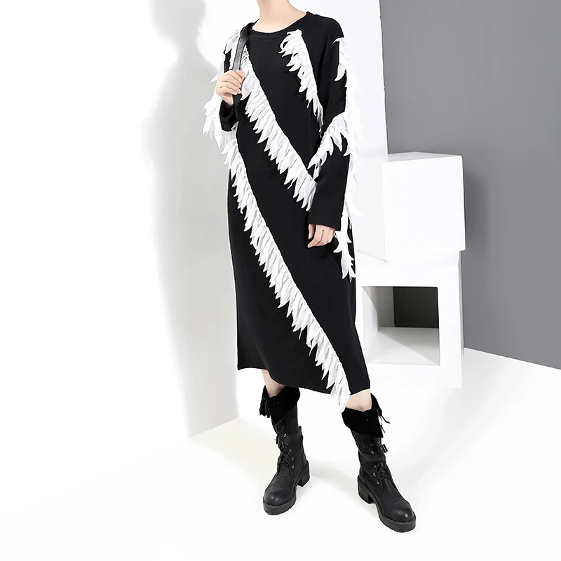 Новинка 2019 корейский стиль женское черное зимнее платье с длинным рукавом