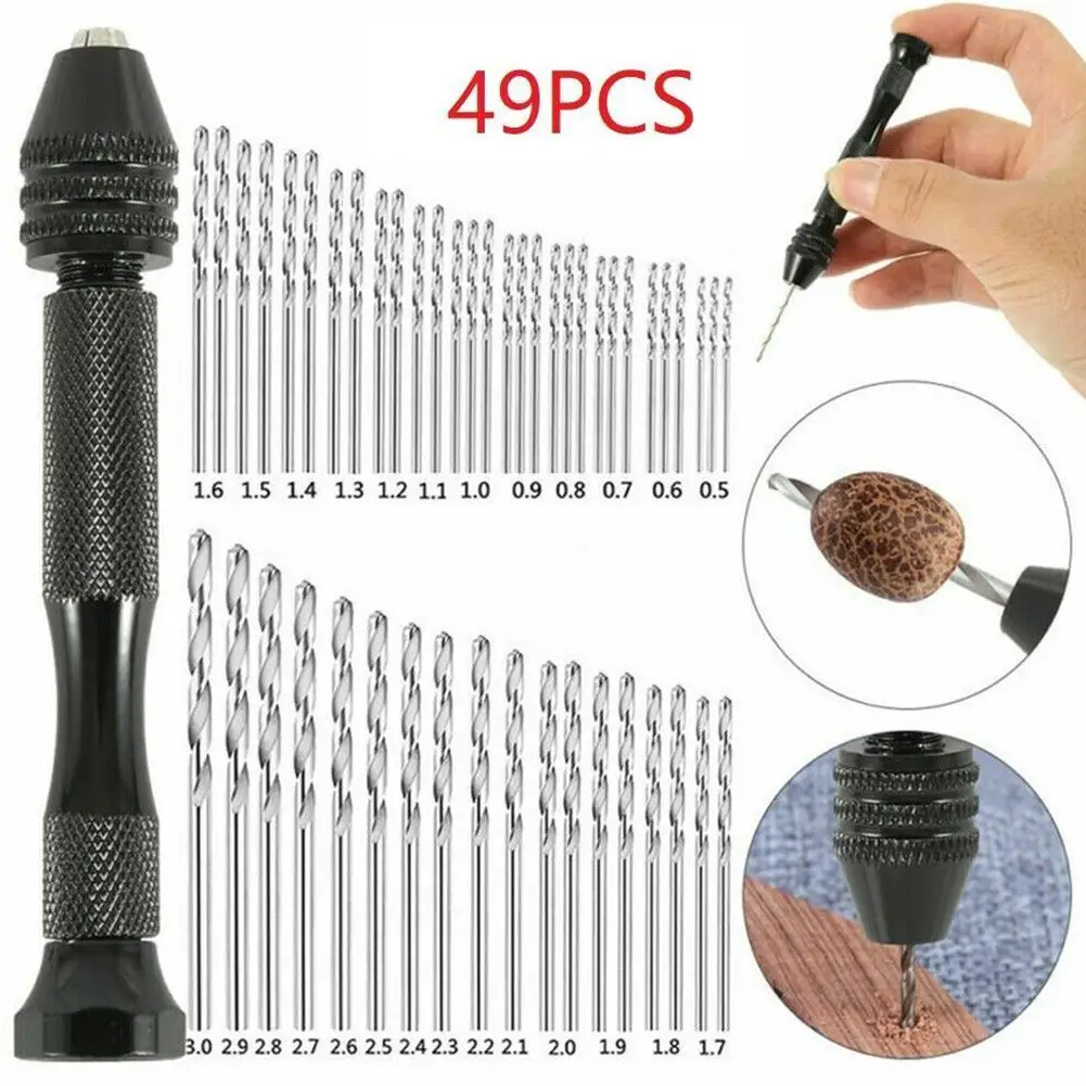 

49pcs Mini Micro Aluminum Hand Drill With Keyless Chuck HSS Twist Drill Bit Woodworking Drilling Rotary Tools Hand Drill Manual