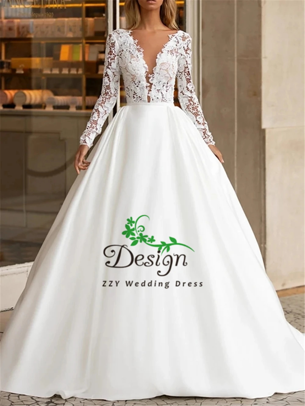 

Романтичное Белое кружево и Атласное Бальное Платье с поясом, свадебное платье с глубоким v-образным вырезом, иллюзия, открытая спина, со шле...