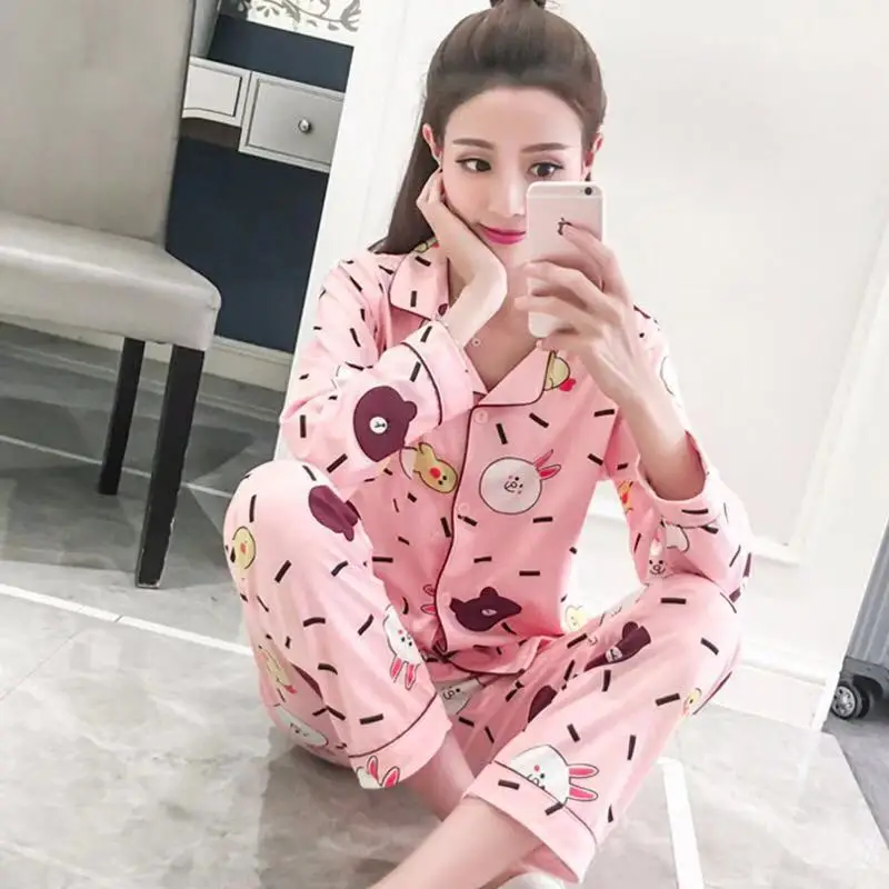 Популярные модели осенне-зимняя одежда для сна женская пижама с отворотом и