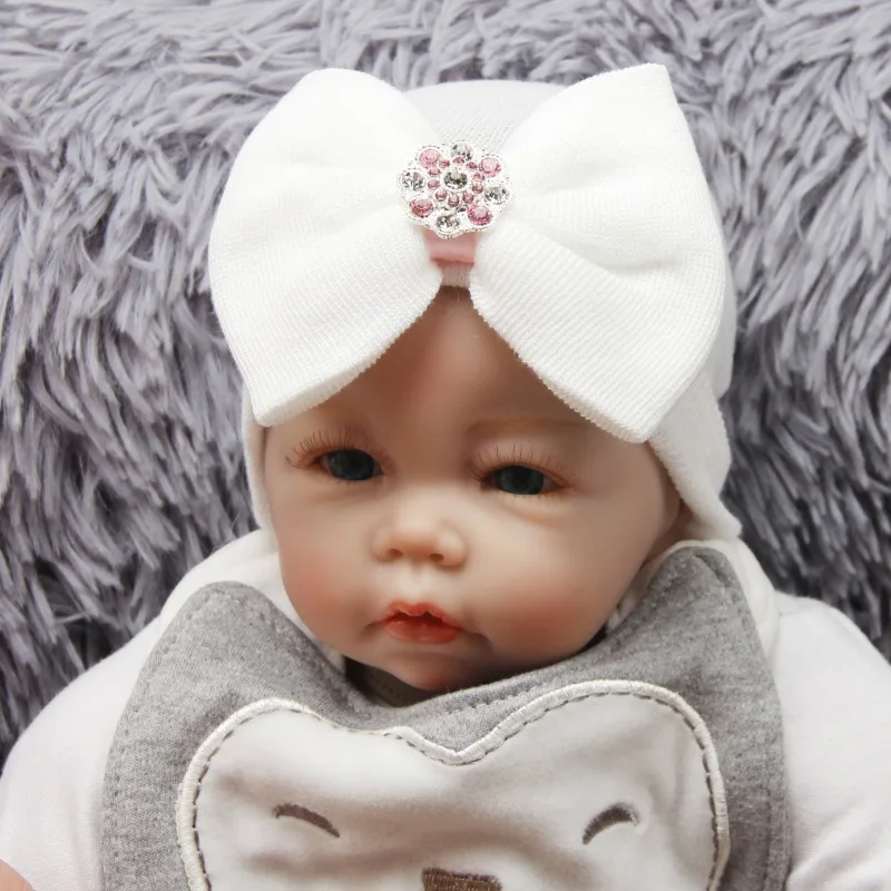 

Newborn Baby Girl Hat 0-3M Striped Bowknot Hospital Hat Beanie Stretchy Cap With Shiny Diamonds