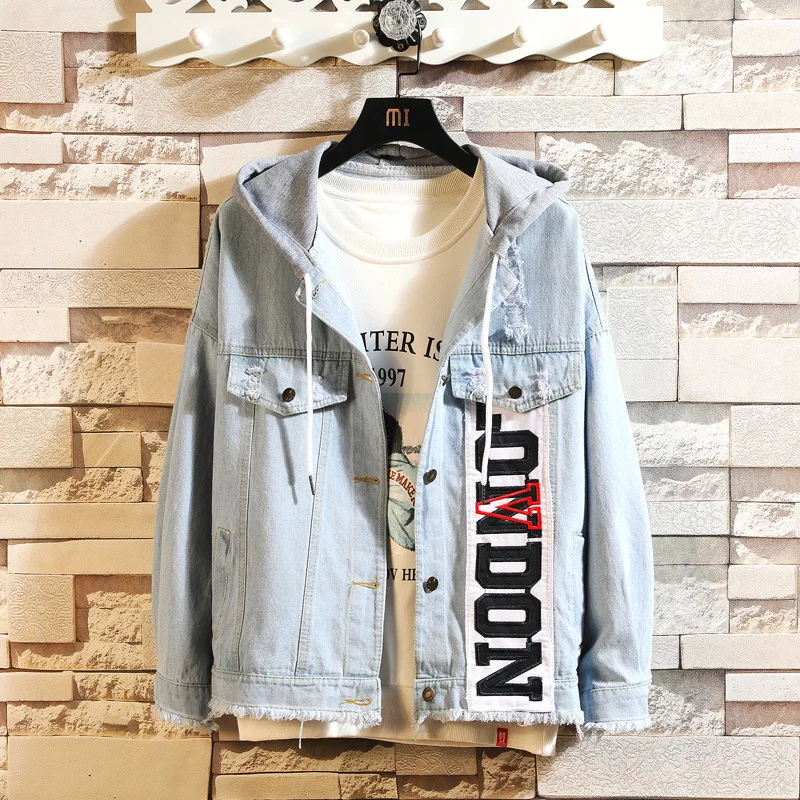 Light blue Новая мода, Европейский и американский размер, мужские джинсовые куртки с дырками и капюшоном, Вышитые тонкие синие мужские пальто, хип-хоп куртка - Цвет: Light blue
