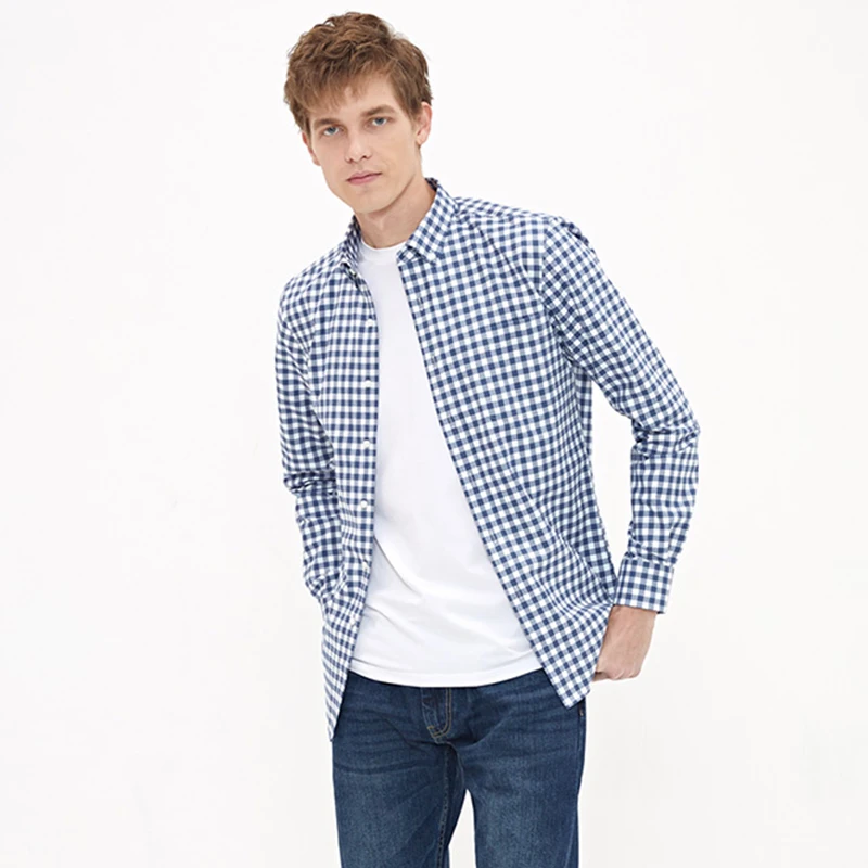 

Business and Casual Plaid Shirt Men's Long-sleeved Llong-staple Cotton Slim-fit Flannel Shirt